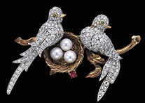 Art Nouveau Bird Brooch with Diamonds ,Pearls, Ruby and 2 Emerald